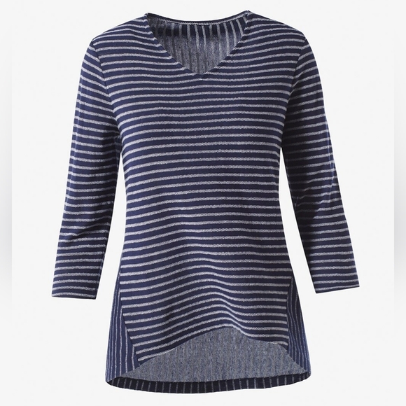 Chico's Blue Spliced Stripe High Low 3/4 Sleeve Top Women Size Extra Large XL - Picture 1 of 11